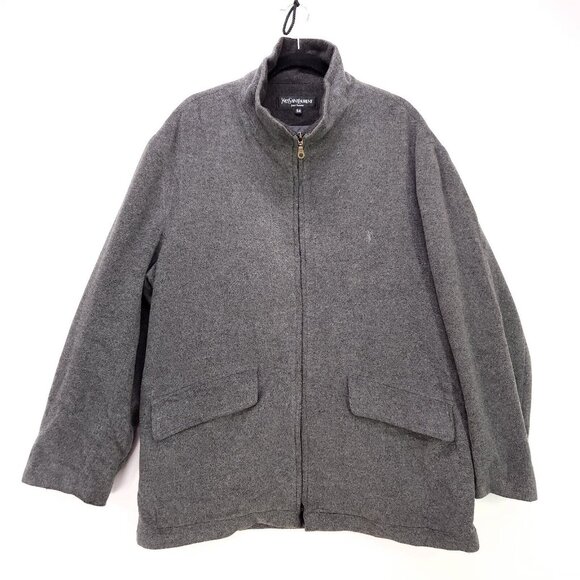 Yves Saint Laurent Wool Jacket Mens Size 54 Gray Full Zip Coat Mock Neck Pockets - Picture 1 of 12